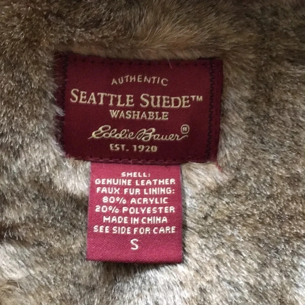 Eddie Bauer Tan SEATTLE SUEDE Faux Fur lined vest, Small, NWOT - Picture 7 of 7